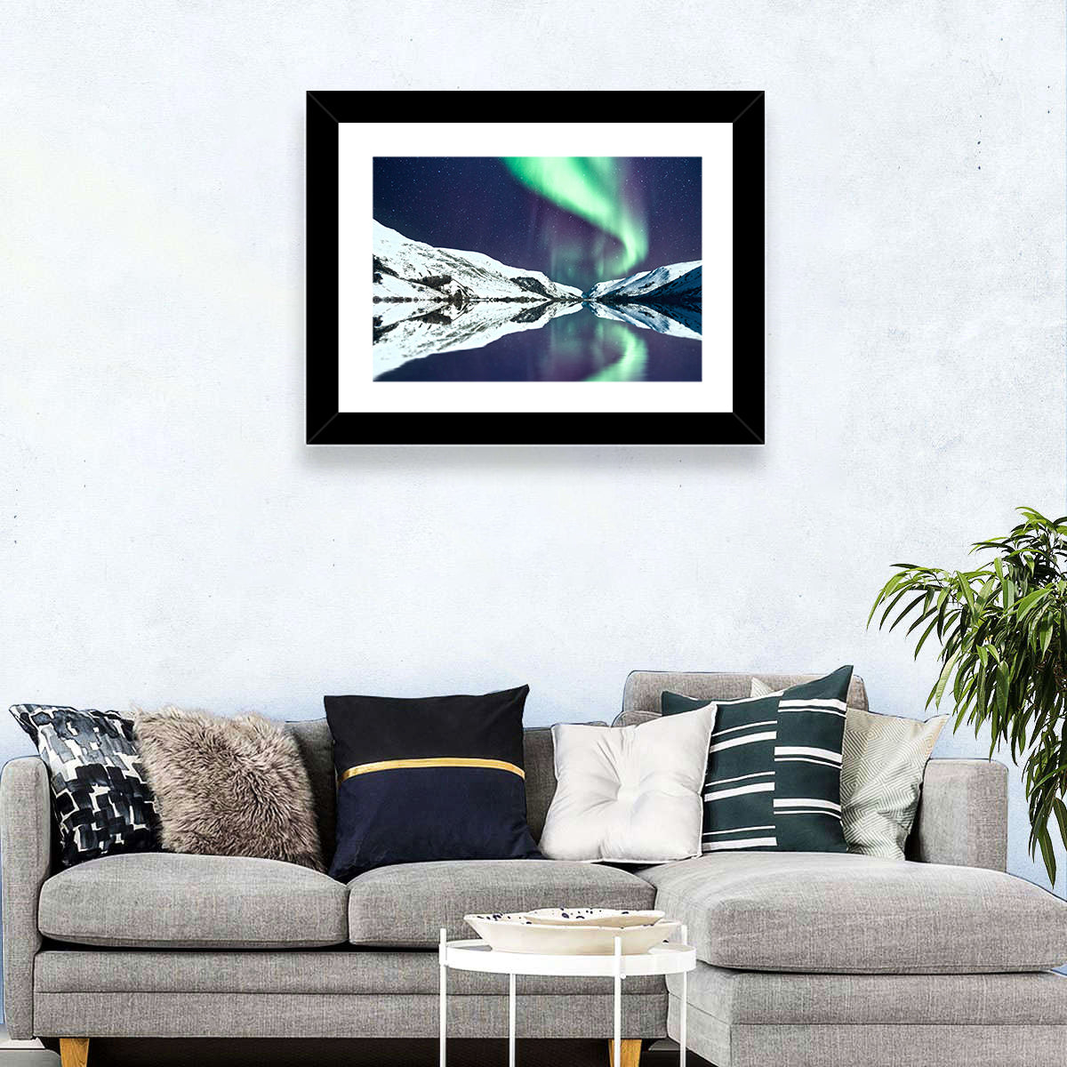 Emerald Aurora Over Mirror Lake Wall Art in a room, landscape