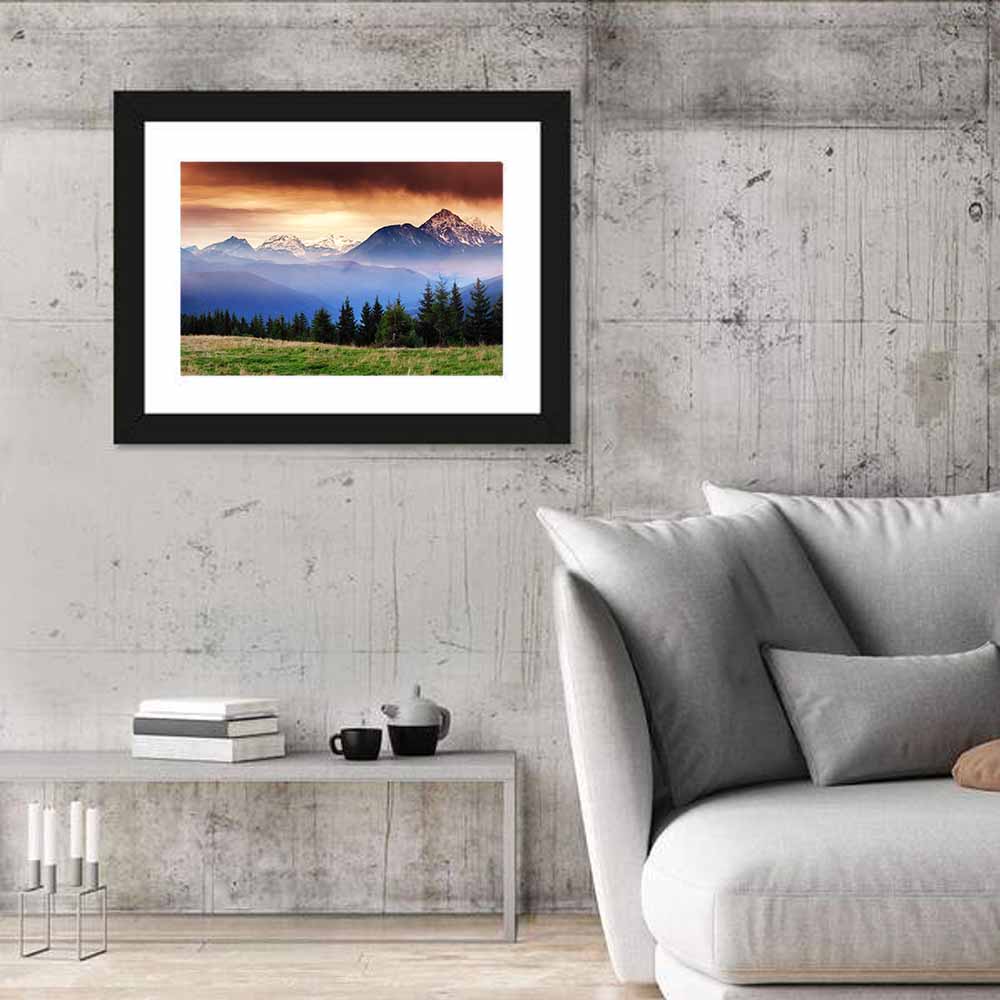 Austrian Mountain Peaks at Dusk Wall Art in a room, landscape