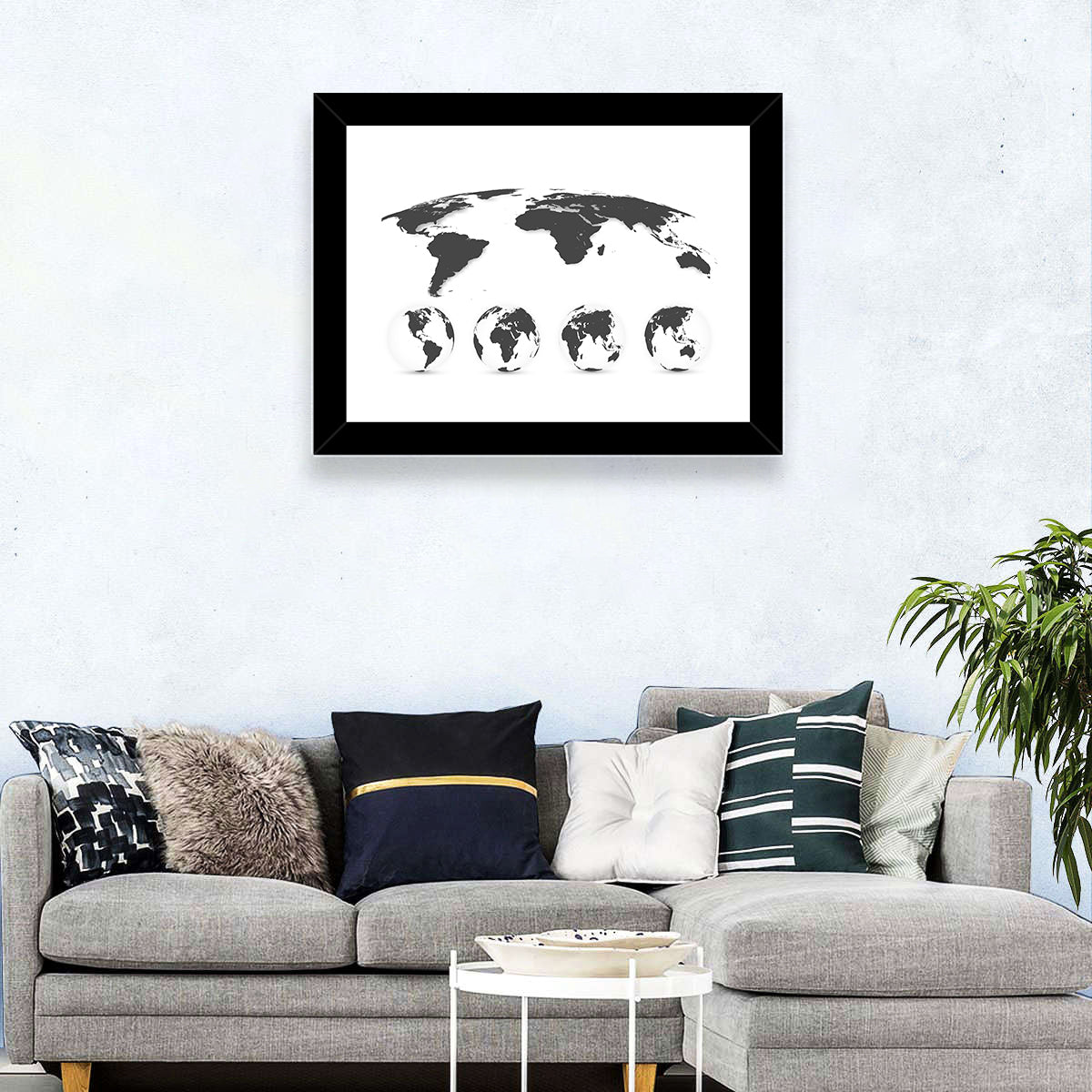Stylized World Map and Globe Icons Wall Art