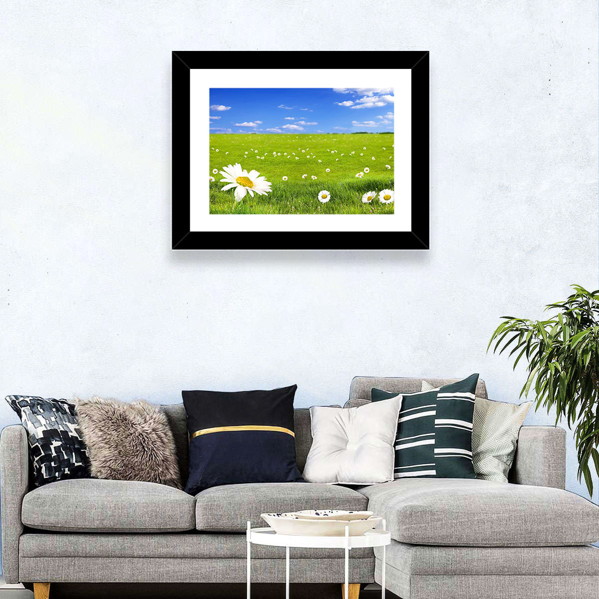 Spring Daisy Meadow Wall Art in a room, landscape