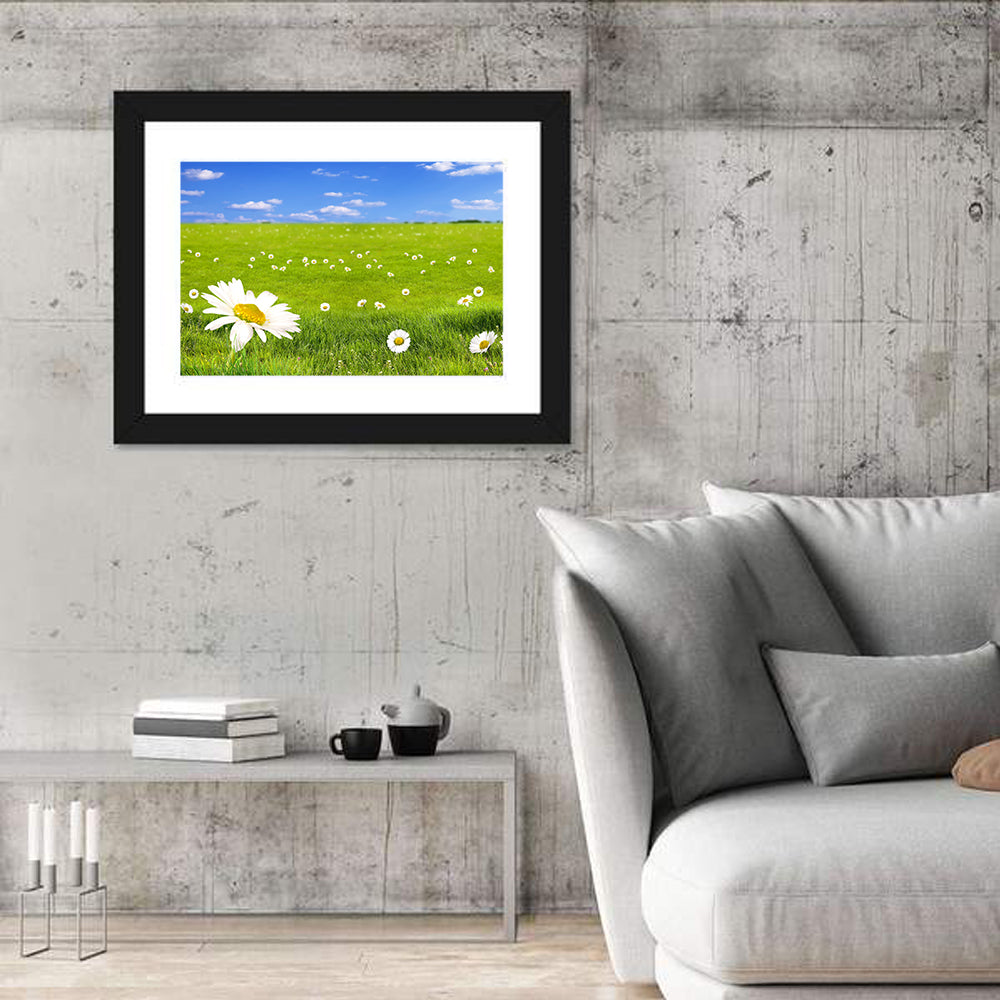 Spring Daisy Meadow Wall Art in a room, landscape