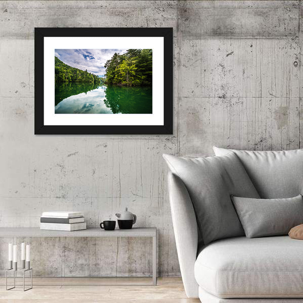 Lake Jocassee Reflection Wall Art in a room, landscape