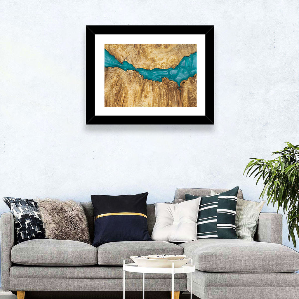 Burled Wood River with Teal Resin Wall Art