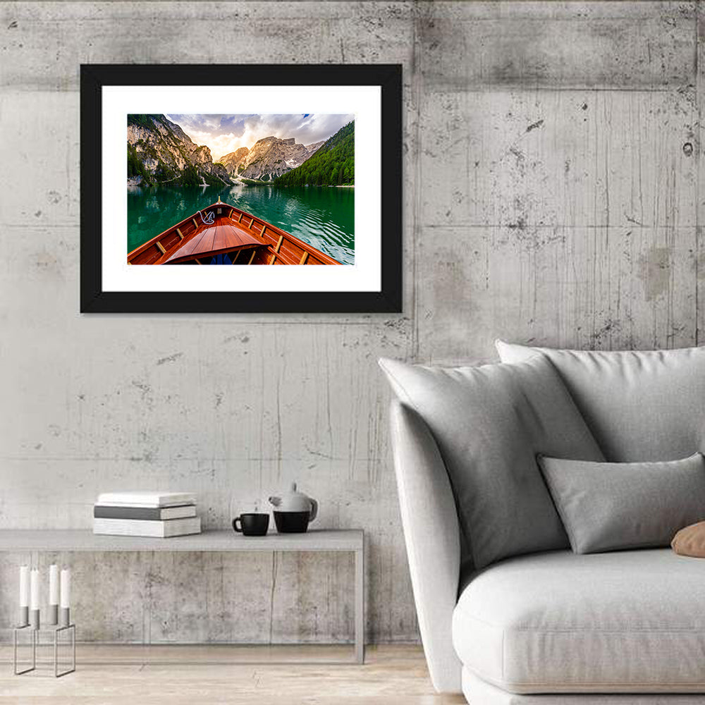 Boat Bow at Lago Di Braies Wall Art in a room, landscape
