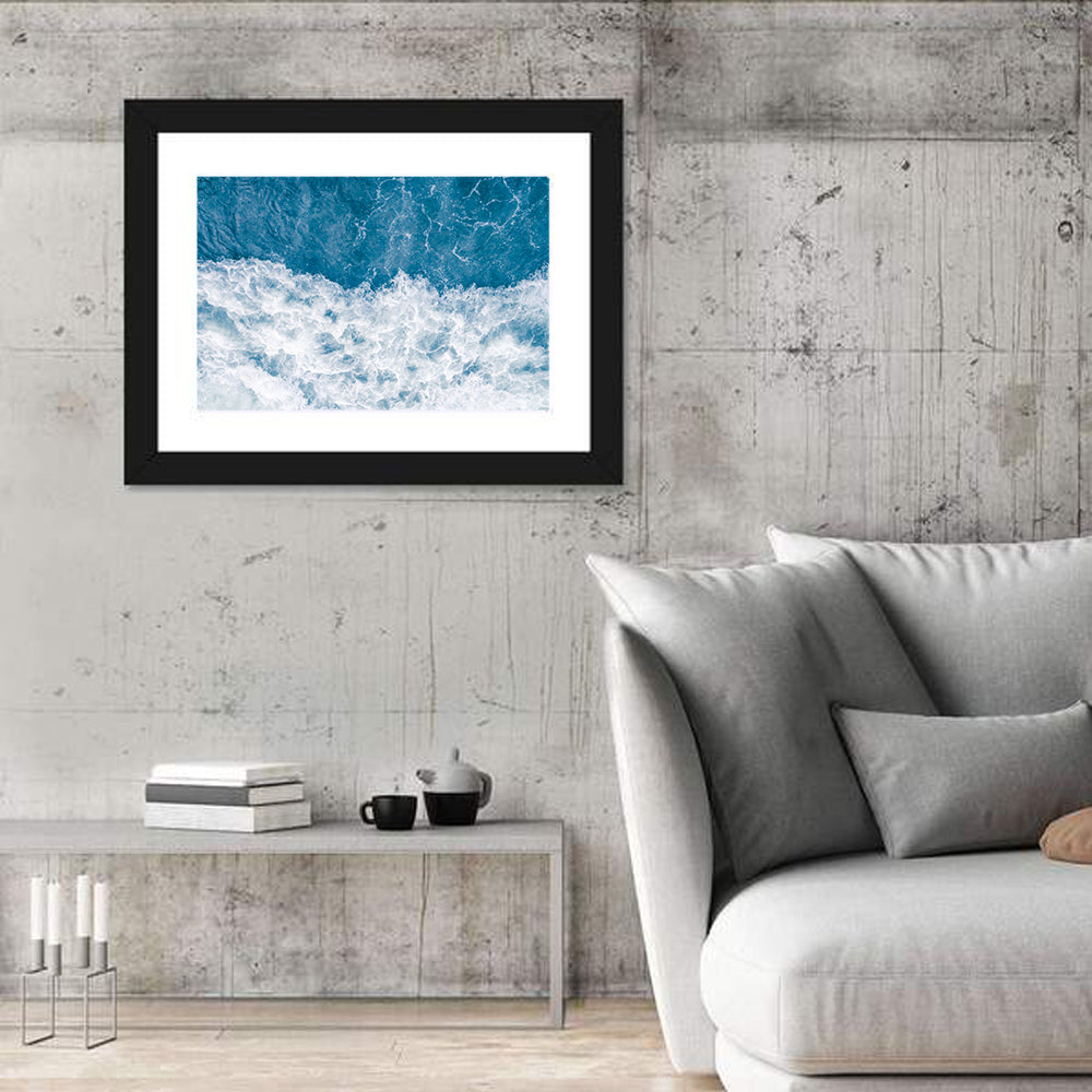 Stormy Blue Sea Wave Wall Art in a room, landscape