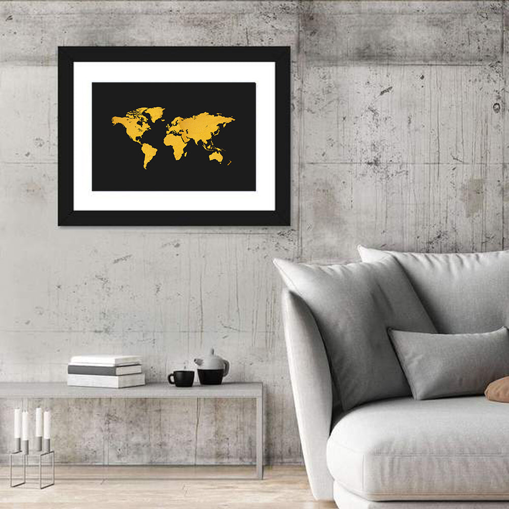 Gold Texture World Map Wall Art in a room, landscape