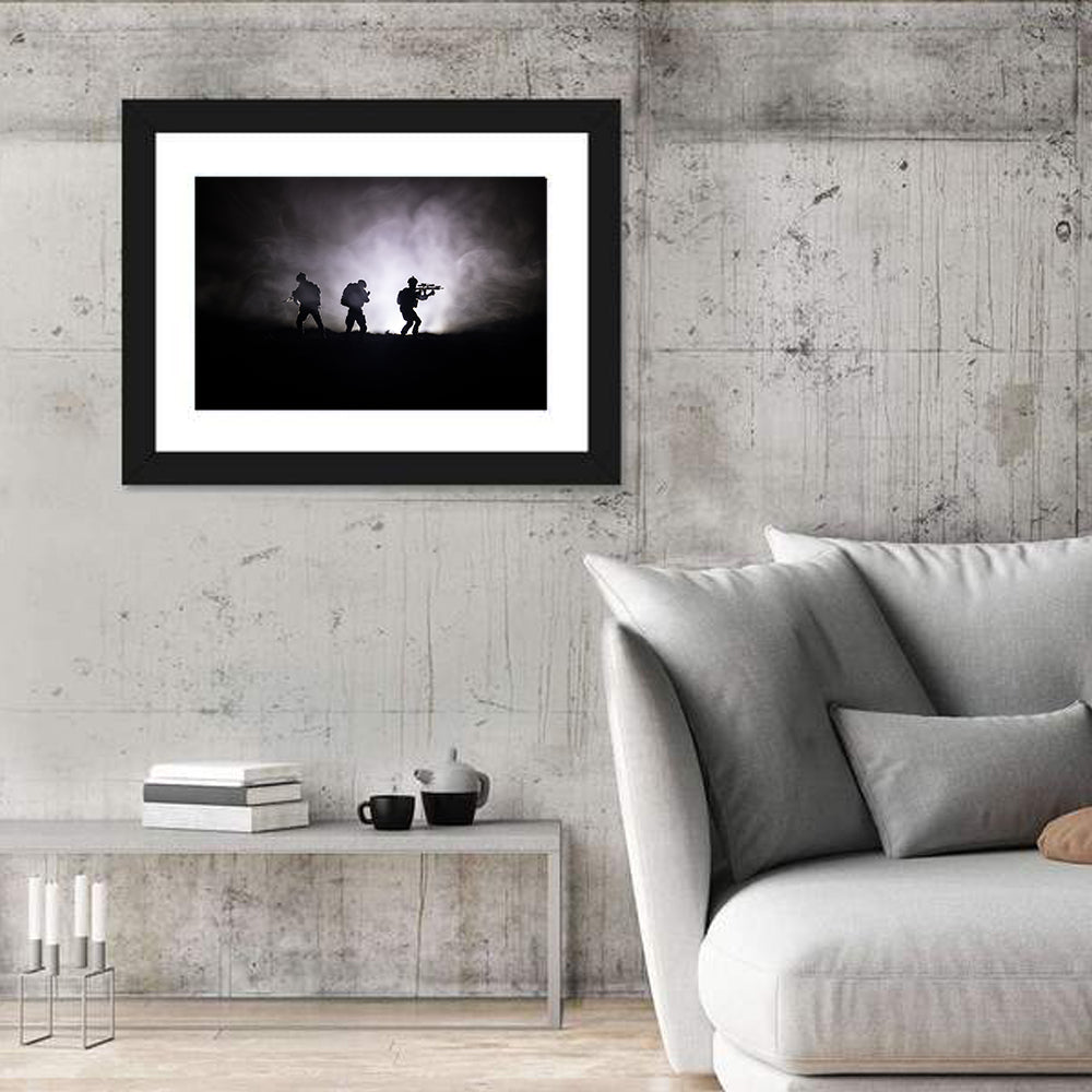 Three Soldiers Silhouette in Fog Wall Art in a room, landscape