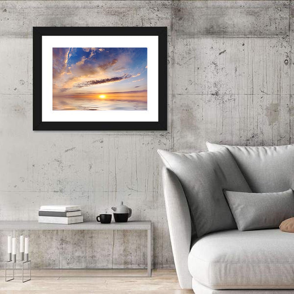 Sunlit Clouds Over Calm Sea Wall Art in a room, landscape
