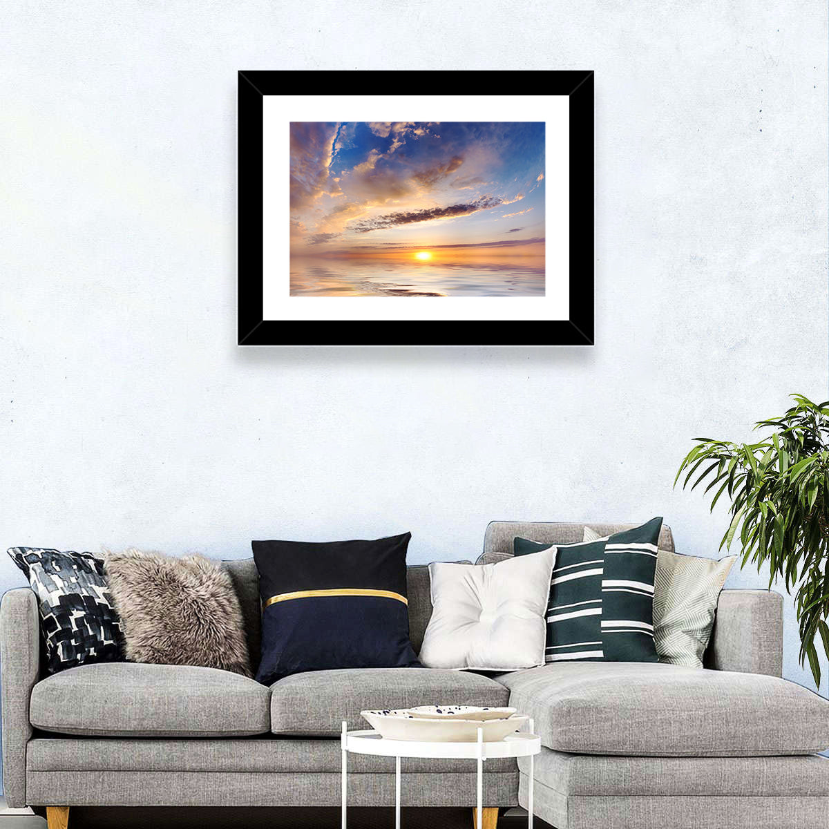 Sunlit Clouds Over Calm Sea Wall Art in a room, landscape