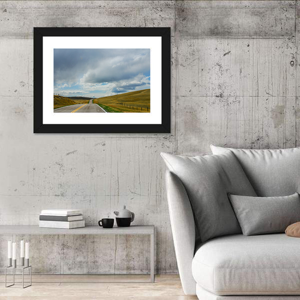 Montana Road Through Golden Hills Wall Art in a room, landscape