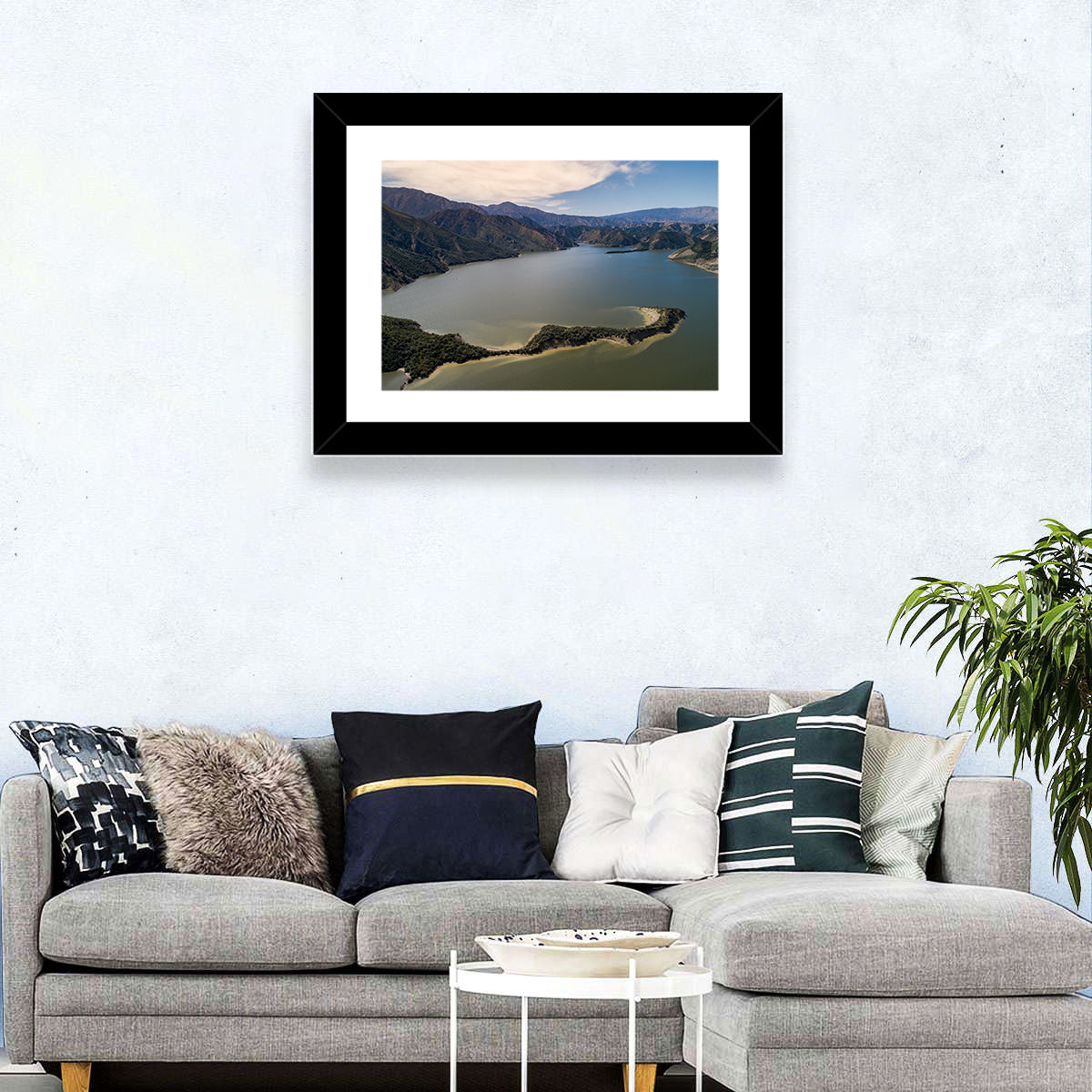 Pyramid Lake Aerial View Wall Art in a room, landscape