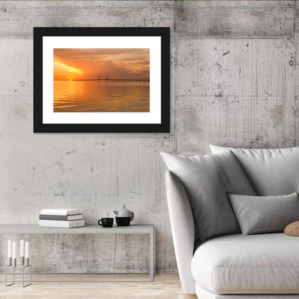 Øresund Bridge in Golden Light Wall Art in a room, landscape