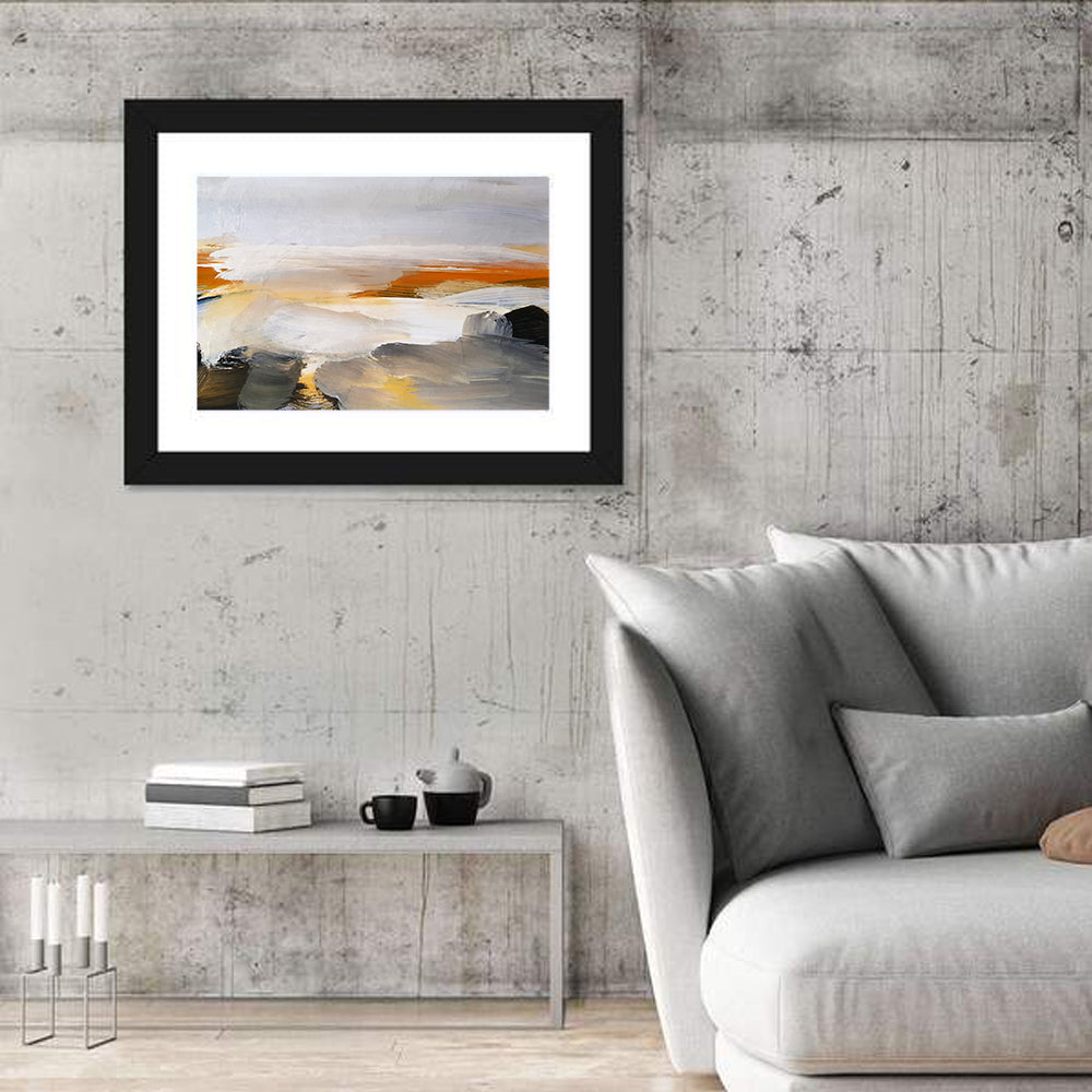 Misty Coastal Horizon Wall Art in a room, landscape