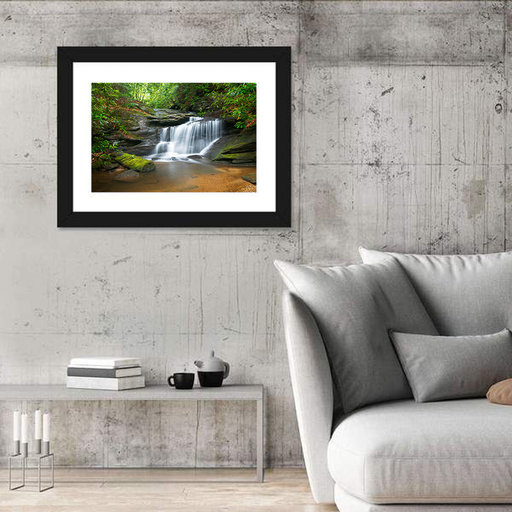 Blue Ridge Mossy Waterfall Wall Art in a room, landscape