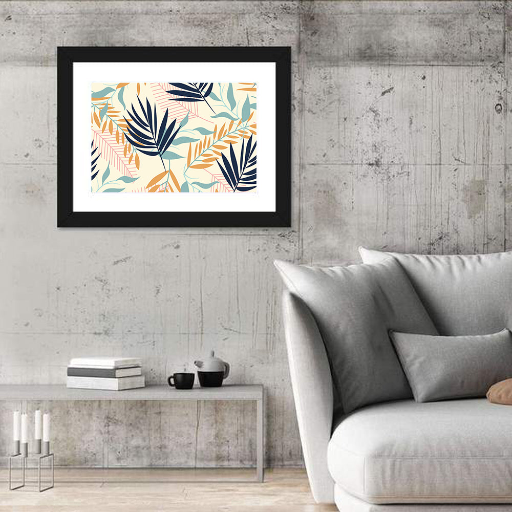 Cream and Navy Summer Leaves Pattern Wall Art