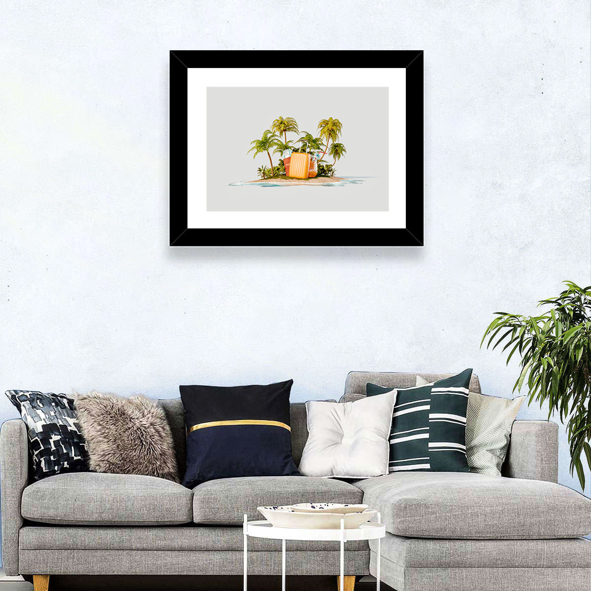 Tropical Island Vacation Illustration Wall Art in a room, landscape
