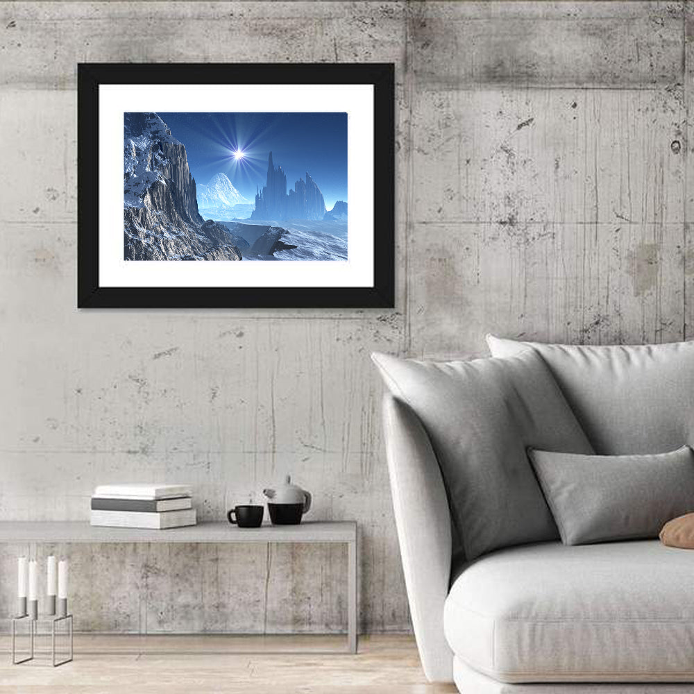 Nightfall on Frozen Alien World Wall Art in a room, landscape