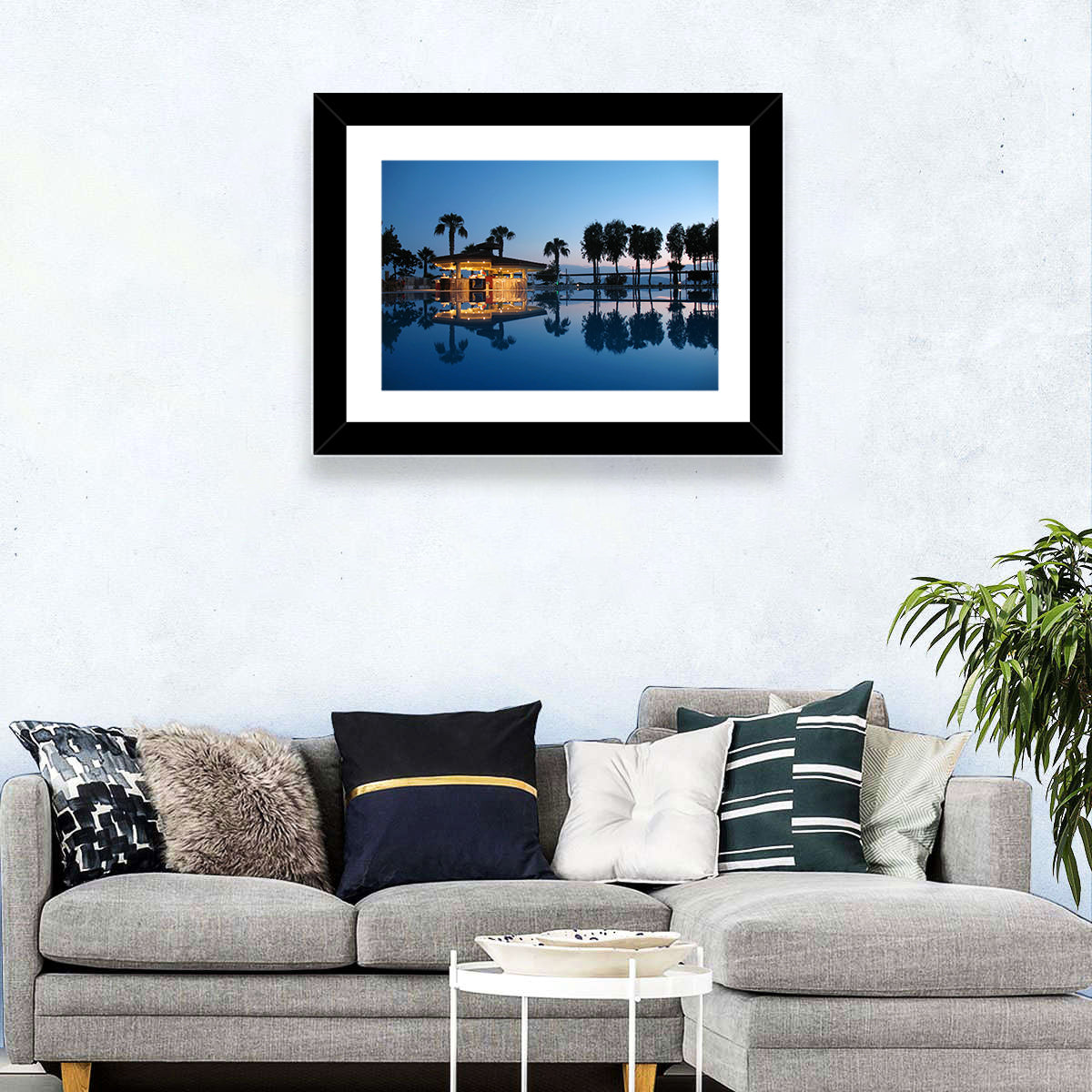 Twilight Poolside Bar Wall Art in a room, landscape
