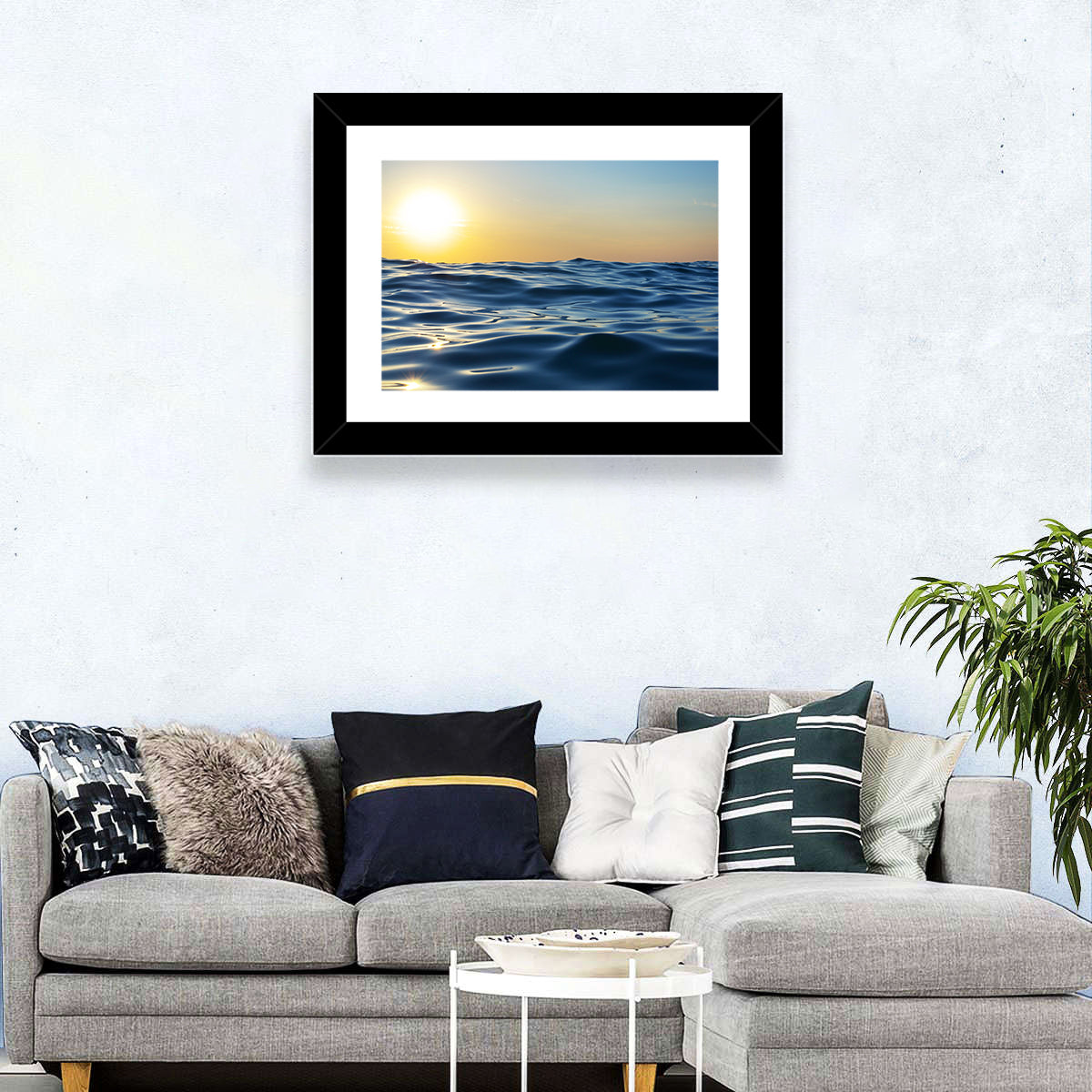 Sunset Over Calm Waves Wall Art in a room, landscape