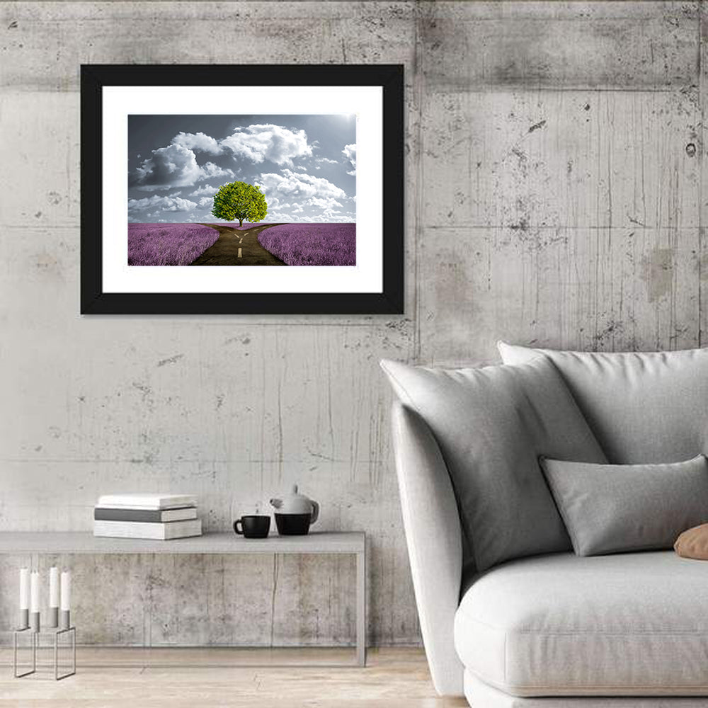 Lavender Field Crossroads with Lone Tree Wall Art in a room, landscape