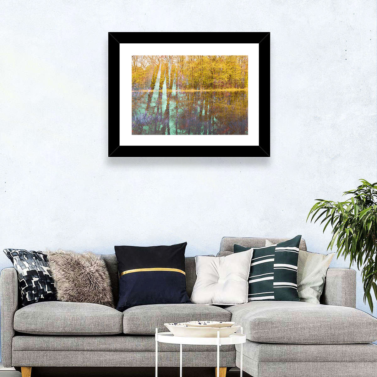 Autumn River Reflection Wall Art in a room, landscape
