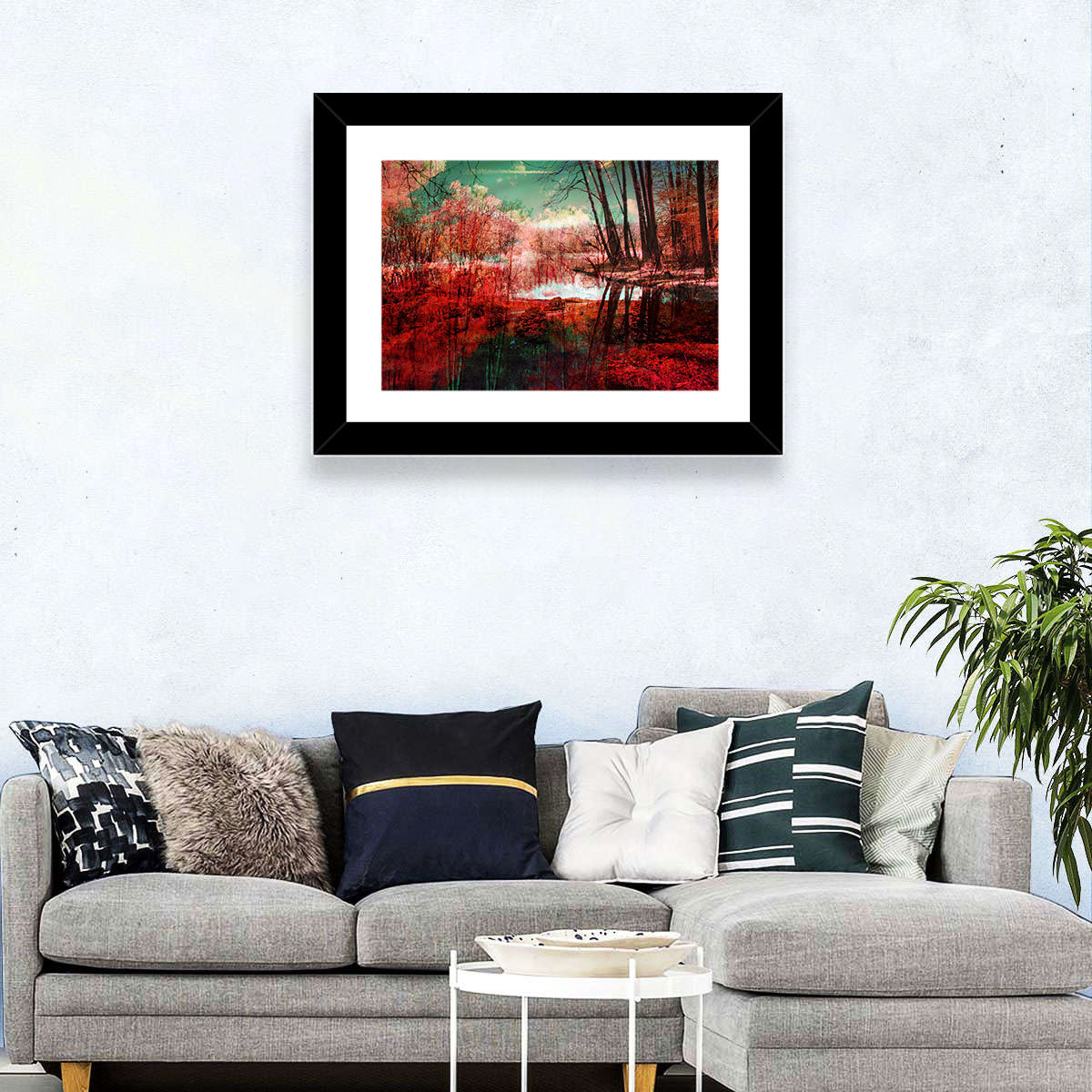 Red Forest Reflection Wall Art in a room, landscape