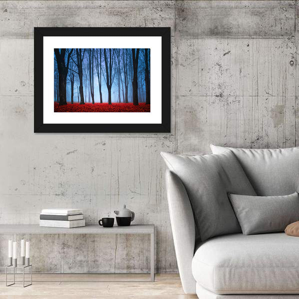 Mystical Autumn Forest Wall Art in a room, landscape