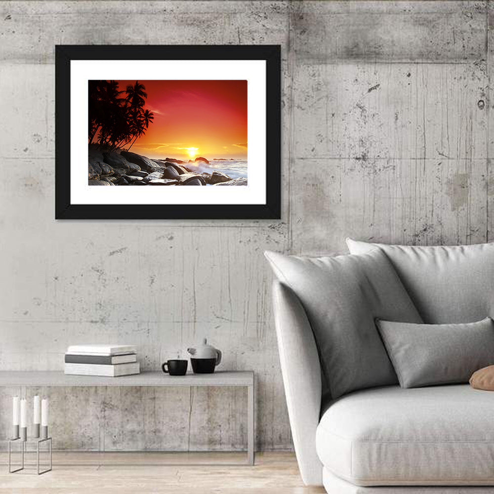 Tropical Island Sunset Wall Art in a room, landscape