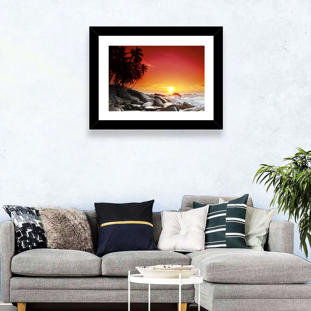 Tropical Island Sunset Wall Art in a room, landscape