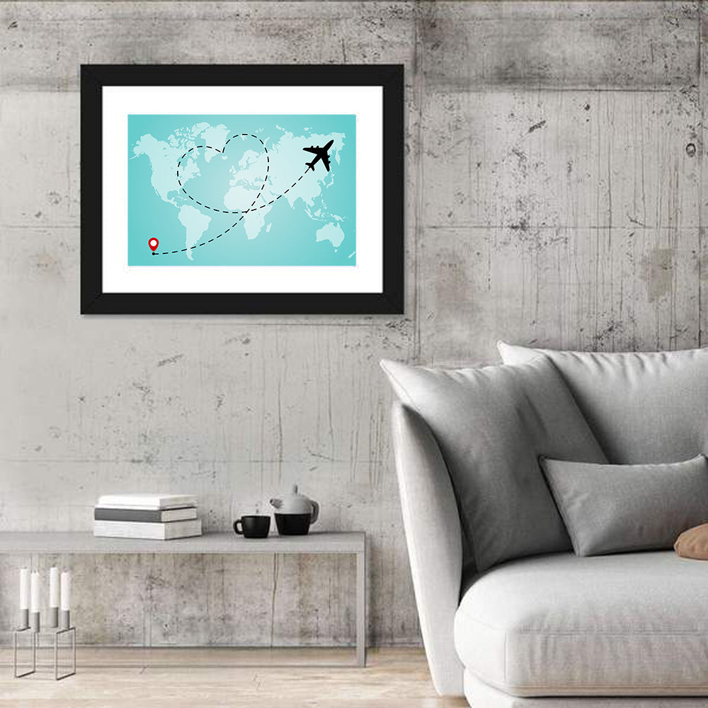 Heart Flight Map Wall Art in a room, landscape