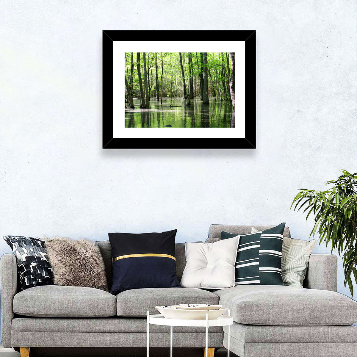 Sunlit Swamp Forest Wall Art in a room, landscape