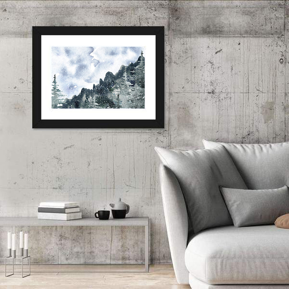 Snowfall Mountain Forest Illustration Wall Art in a room, landscape