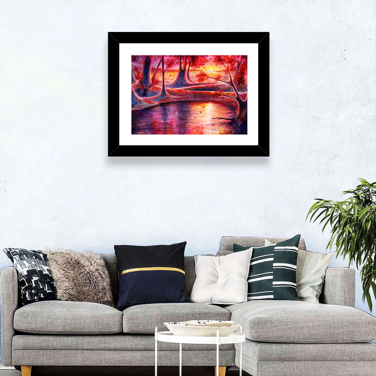 Autumn Forest Lake at Dusk Wall Art in a room, landscape