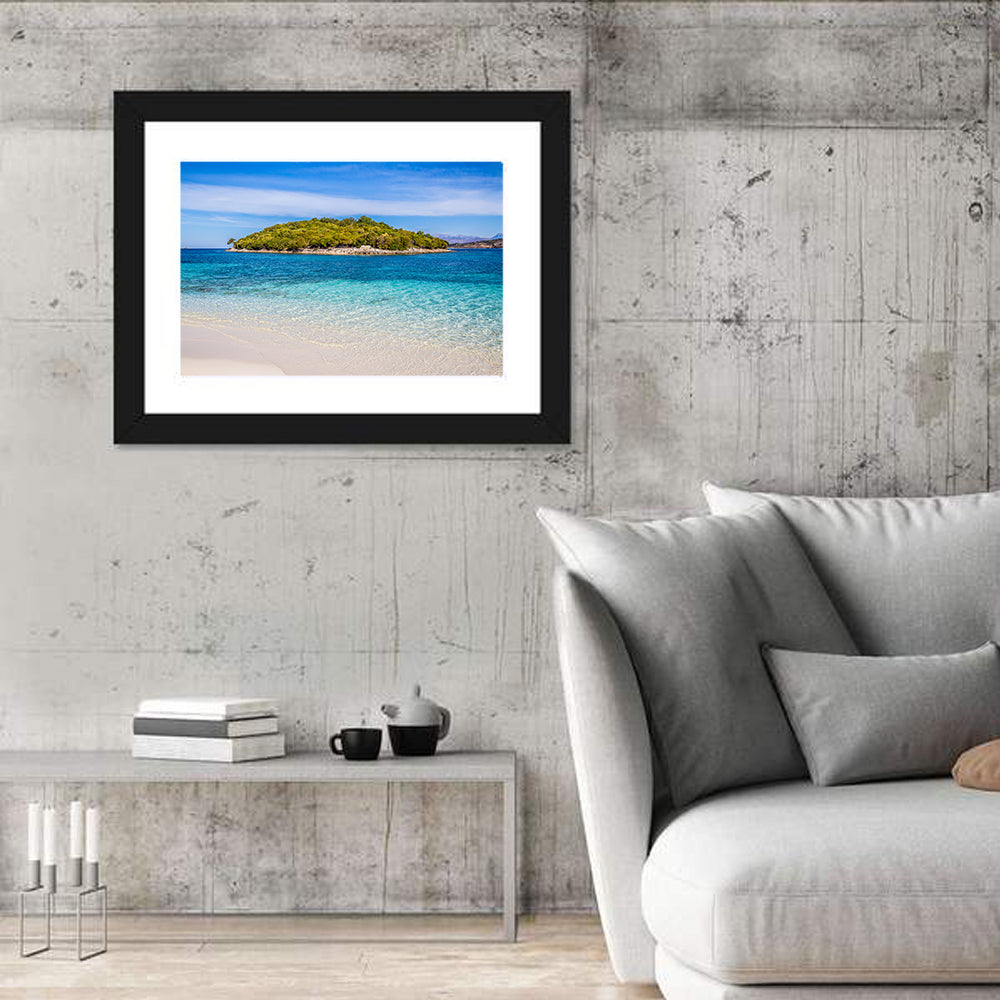 Butrint Turquoise Island Beach Wall Art in a room, landscape