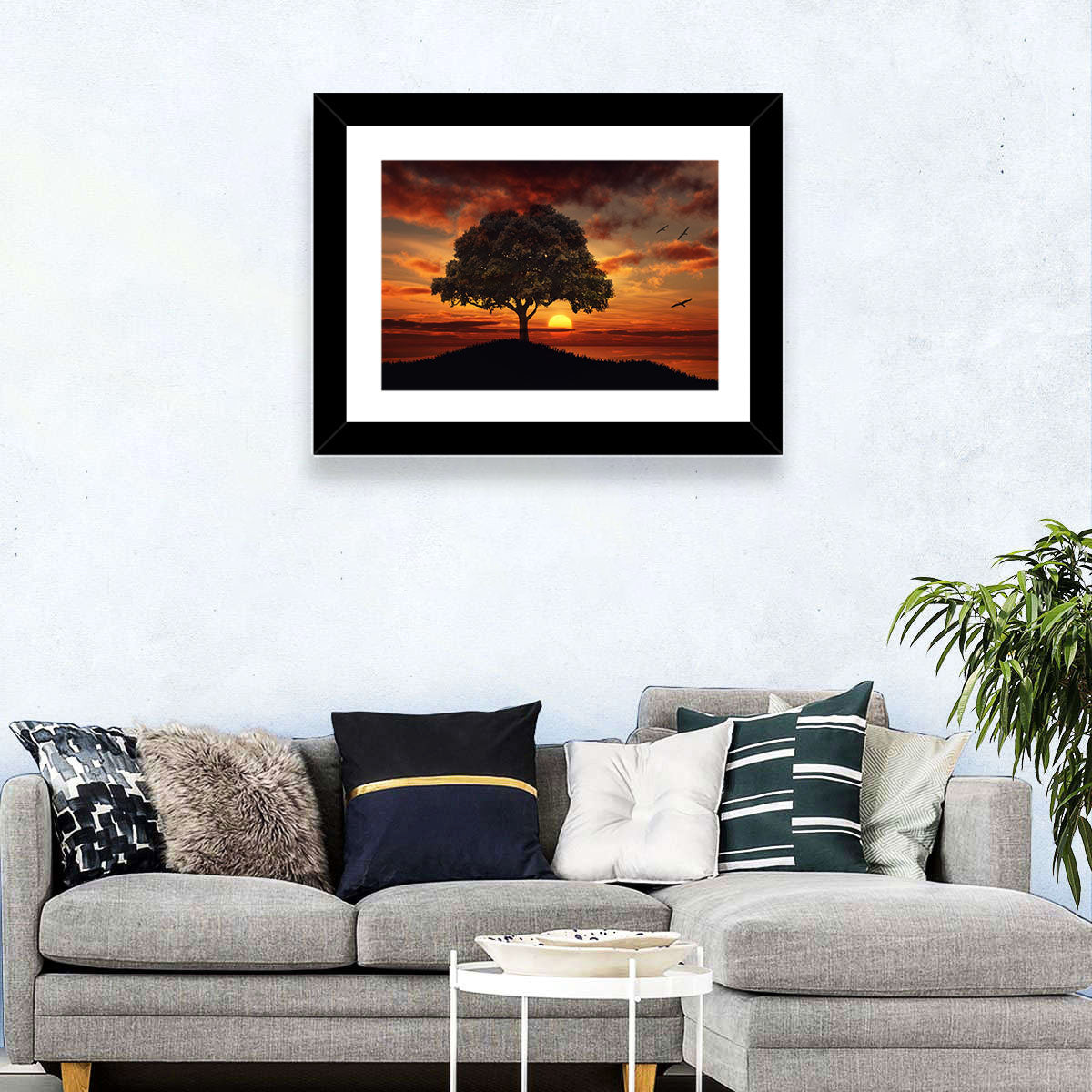 Lone Tree at Sunset with Birds Wall Art