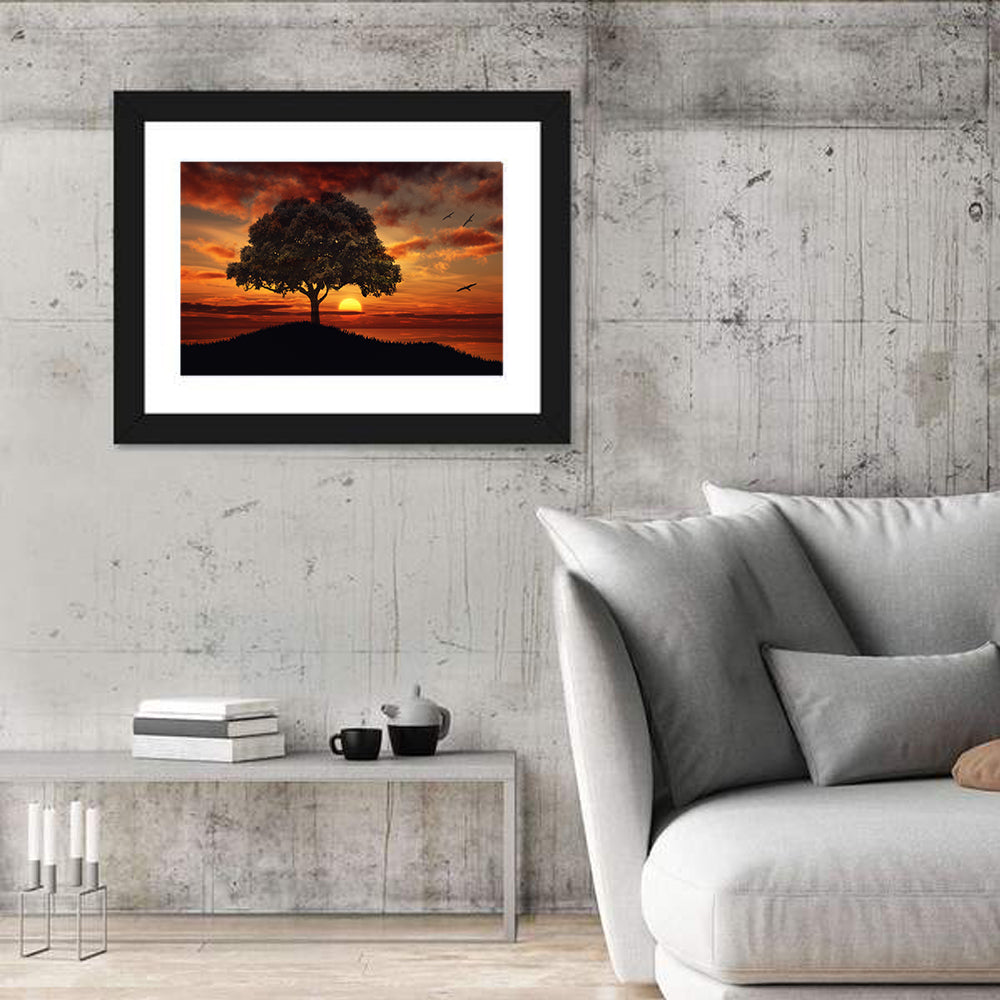 Lone Tree at Sunset with Birds Wall Art
