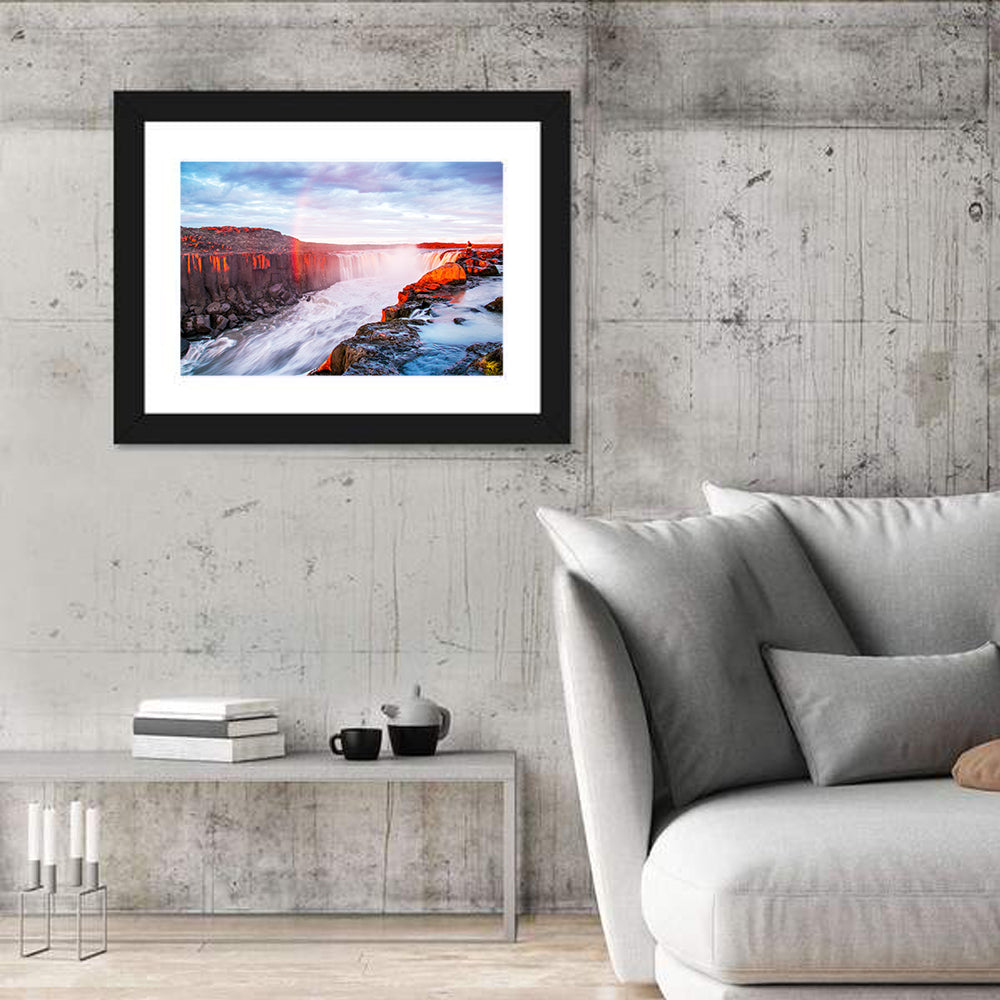 Golden Hour Selfoss Falls Rainbow Wall Art in a room, landscape