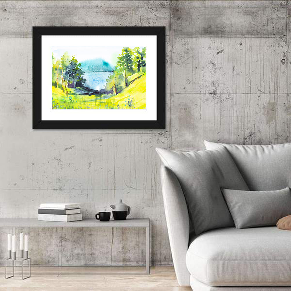 Summer Lakeside Forest Illustration Wall Art in a room, landscape