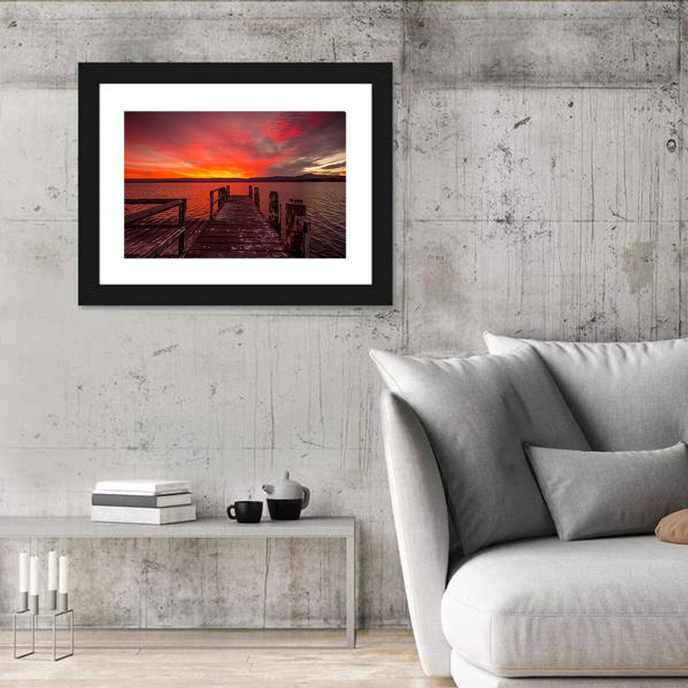 Lake Illawarra Jetty Sunset Wall Art in a room, landscape