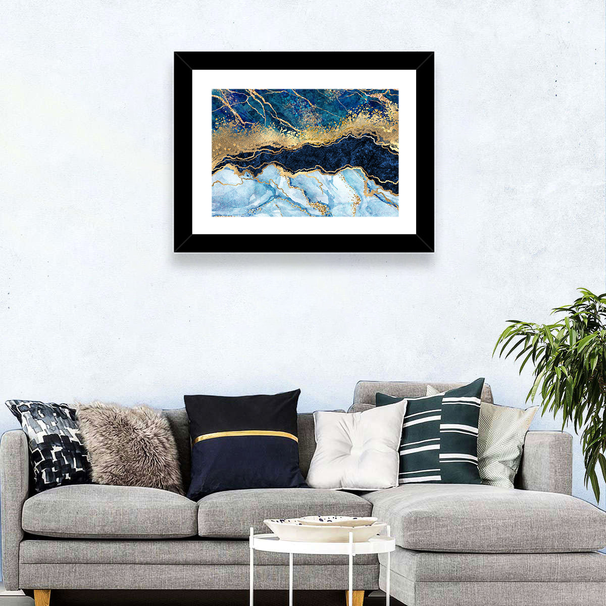 Navy Blue Marble with Gold Veins Wall Art in a room, landscape
