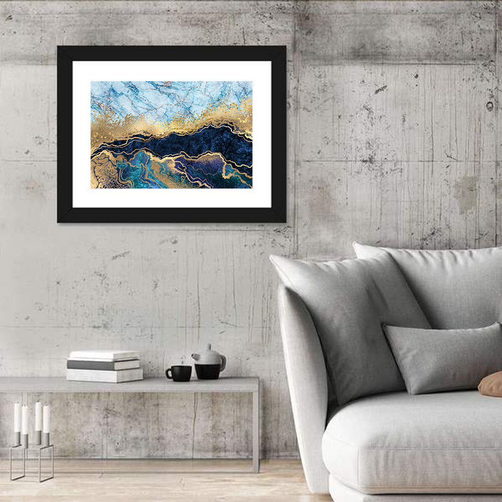 Blue Marble with Gold Veins Wall Art in a room, landscape