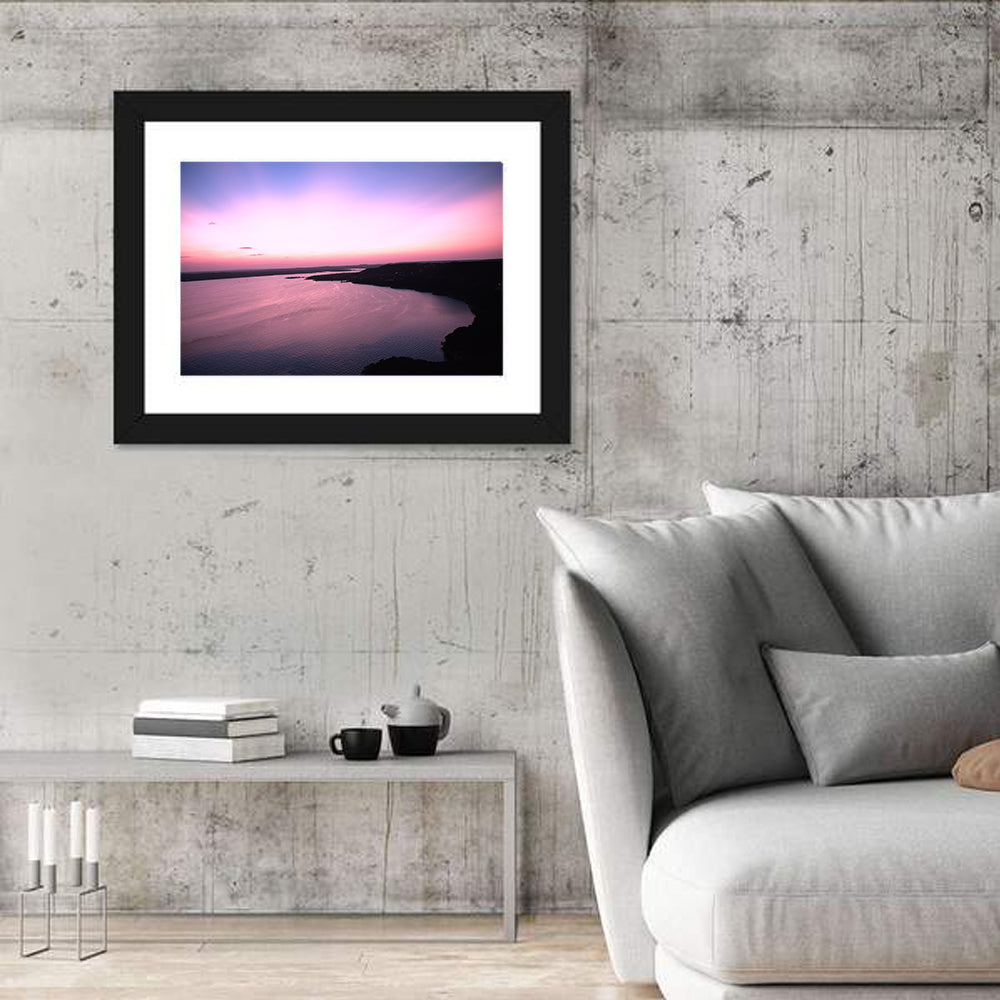 Lake Travis Purple Sunset Wall Art in a room, landscape