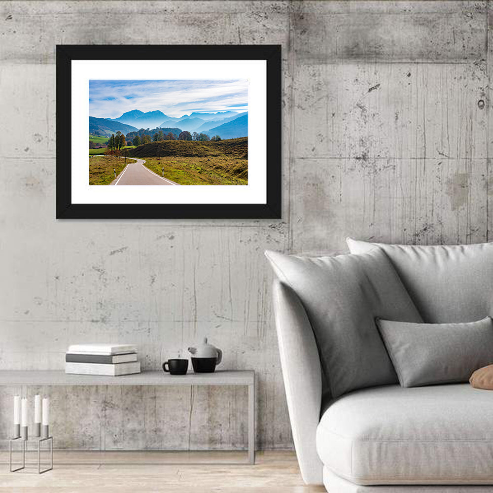 Bavarian Mountain Valley Wall Art in a room, landscape