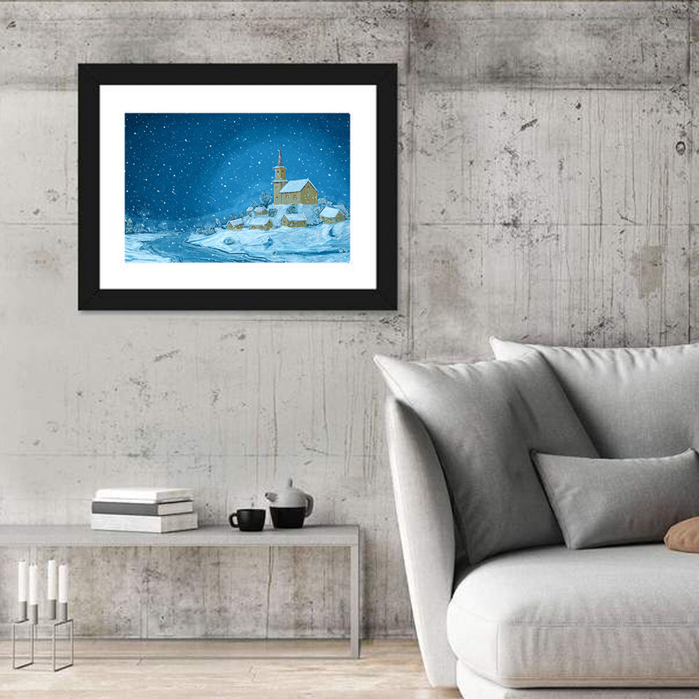 Snowy Village Church at Night Wall Art in a room, landscape