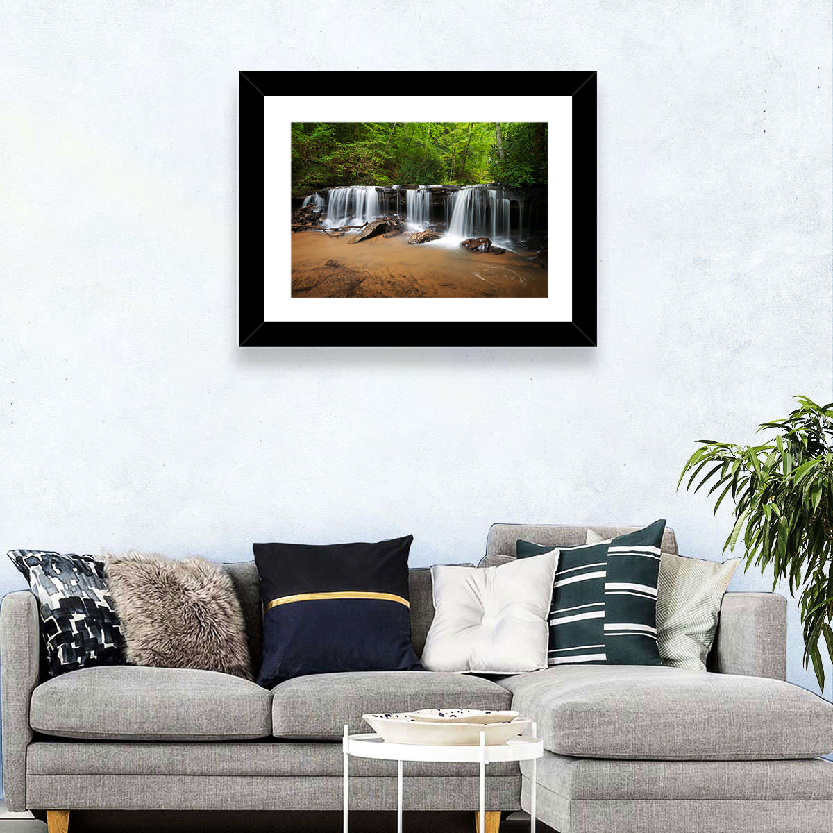 Lush Green Forest Waterfall Wall Art