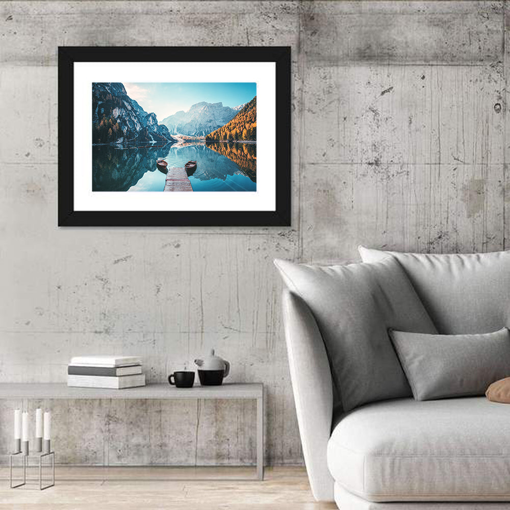 Lago Di Braies Dock and Dolomites Wall Art in a room, landscape