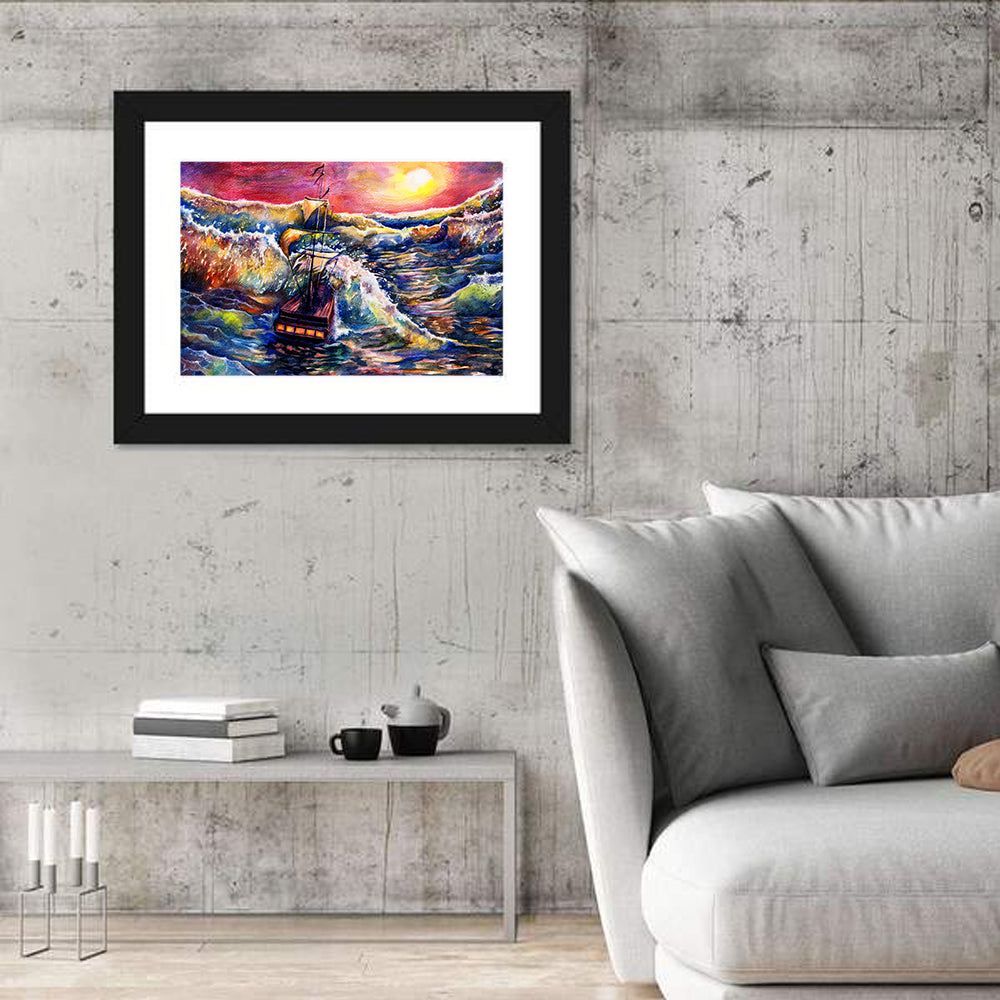 Stormy Sunset Sailing Ship Wall Art in a room, landscape