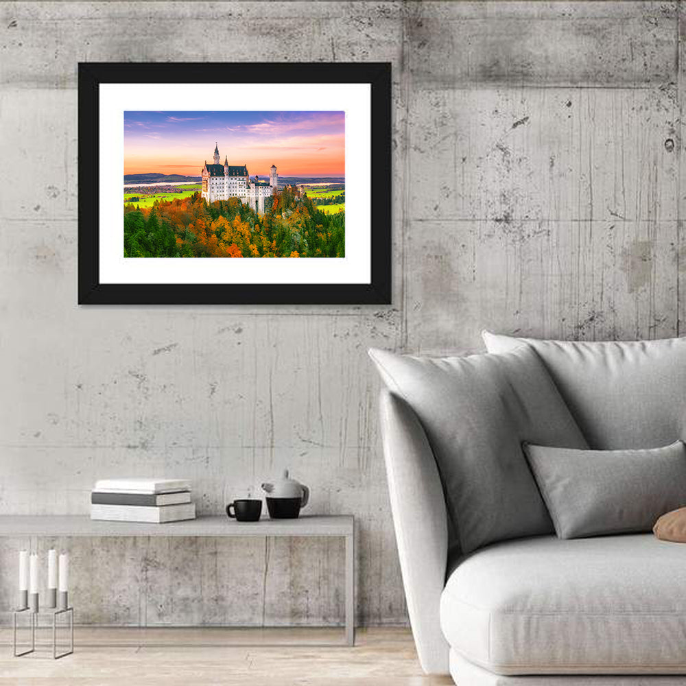 Neuschwanstein Castle at Autumn Sunset Wall Art in a room, landscape