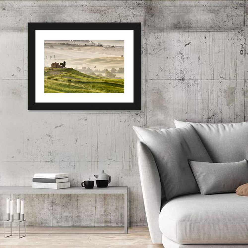 Foggy Tuscany Wall Art in a room, landscape