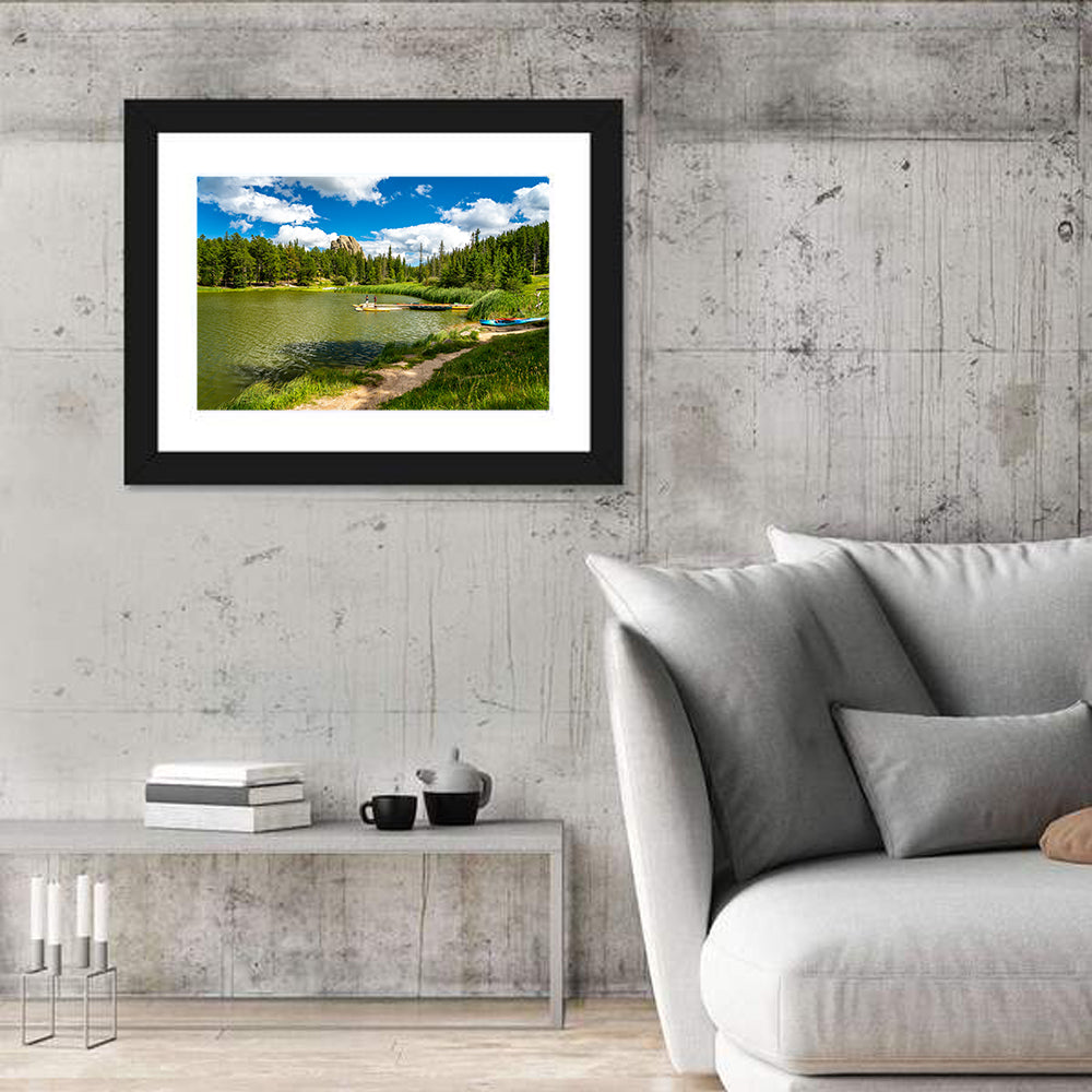 Sylvan Lake Dockside Scene Wall Art in a room, landscape